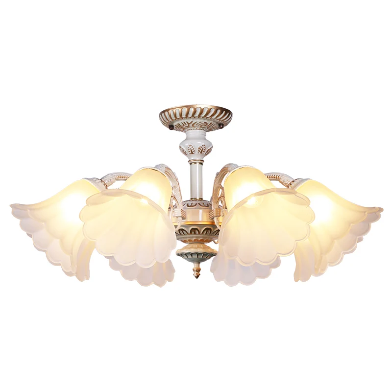Witte glazen bloemen semi-flush traditionele slaapkamer plafondmontage kroonluchter met geschulpte rand Clearhalo