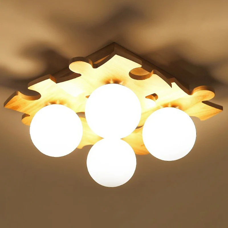 Witte glazen bol semi-inbouwlamp Moderne houten plafondlamp met puzzelontwerp Clearhalo