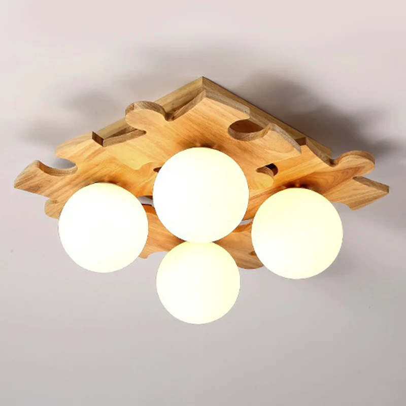 Witte glazen bol semi-inbouwlamp Moderne houten plafondlamp met puzzelontwerp Clearhalo