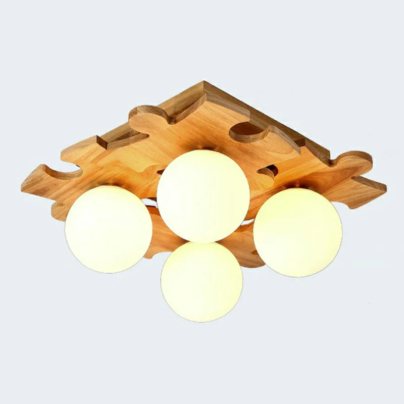 Witte glazen bol semi-inbouwlamp Moderne houten plafondlamp met puzzelontwerp Clearhalo