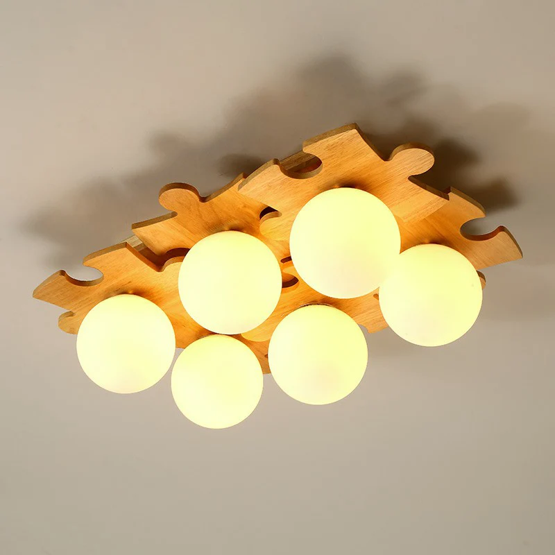 Witte glazen bol semi-inbouwlamp Moderne houten plafondlamp met puzzelontwerp Clearhalo