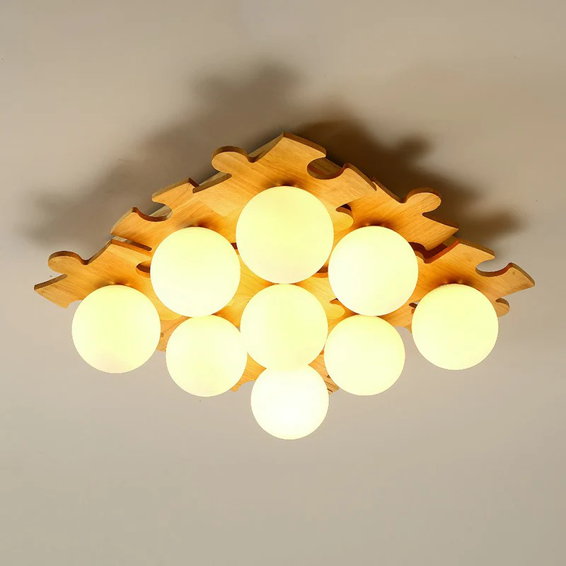 Witte glazen bol semi-inbouwlamp Moderne houten plafondlamp met puzzelontwerp Clearhalo