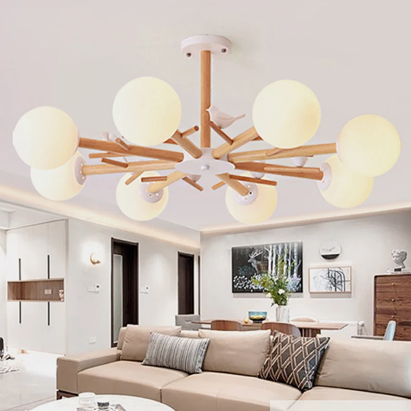 Witte Globe Shade Kroonluchter Rustieke Houten Hanglamp met Vogel voor Eetkamer Clearhalo