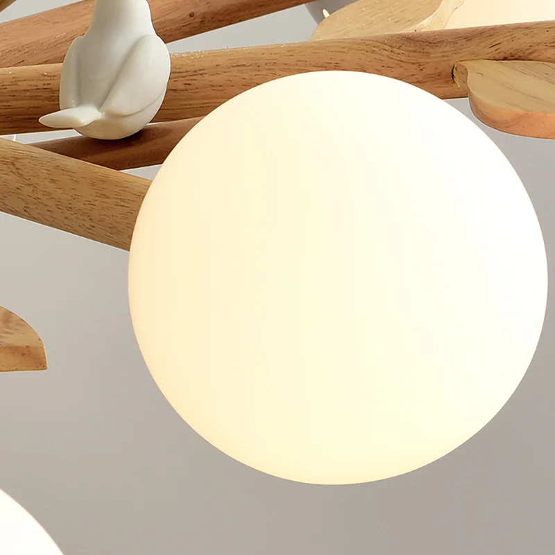 Witte Globe Shade Kroonluchter Rustieke Houten Hanglamp met Vogel voor Eetkamer Clearhalo