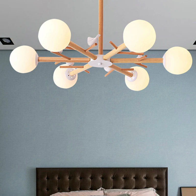 Witte Globe Shade Kroonluchter Rustieke Houten Hanglamp met Vogel voor Eetkamer Clearhalo