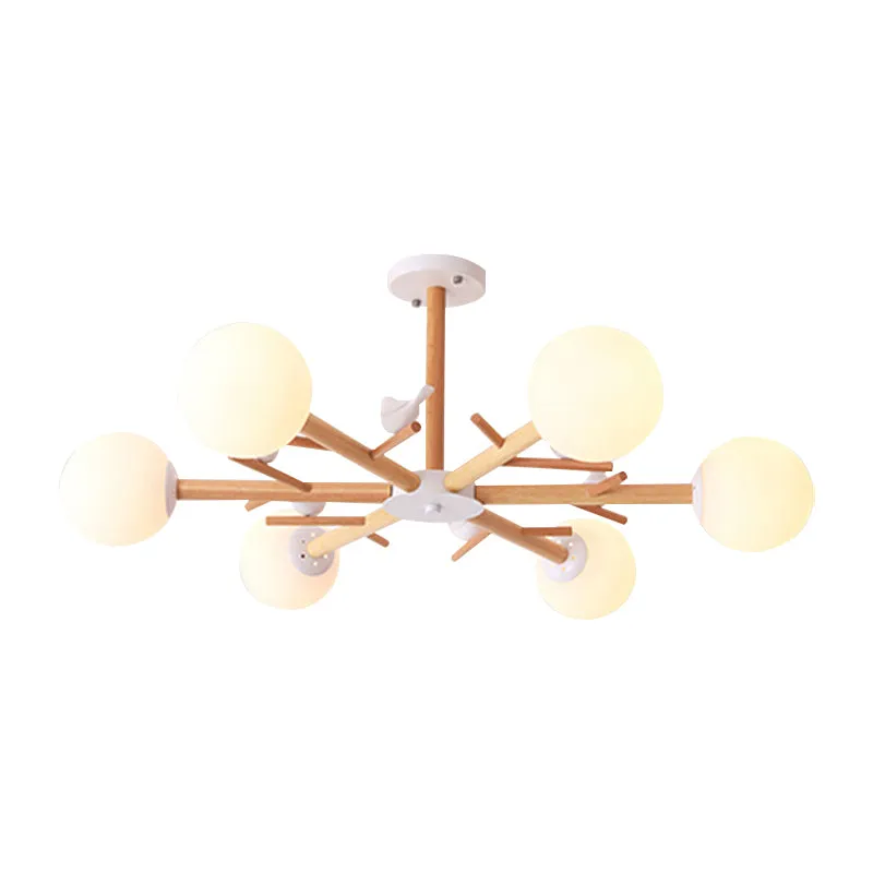 Witte Globe Shade Kroonluchter Rustieke Houten Hanglamp met Vogel voor Eetkamer Clearhalo