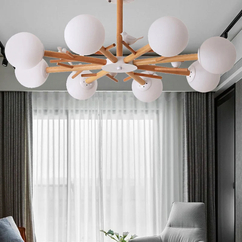 Witte Globe Shade Kroonluchter Rustieke Houten Hanglamp met Vogel voor Eetkamer Clearhalo