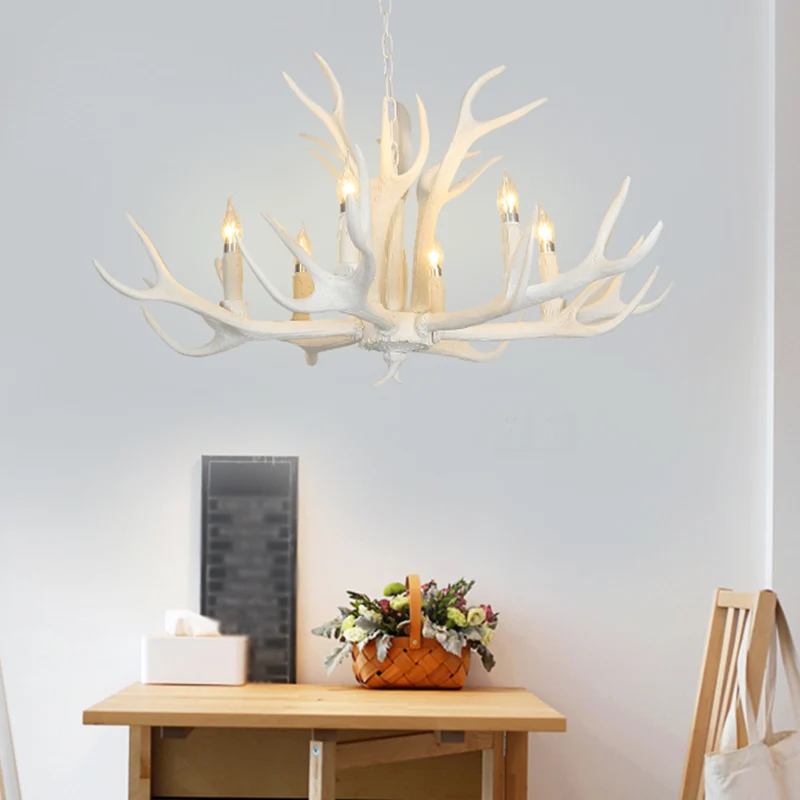 Witte hertenhoornvormige kroonluchter, verlichting, klassieke hars woonkamer hanglamp Clearhalo