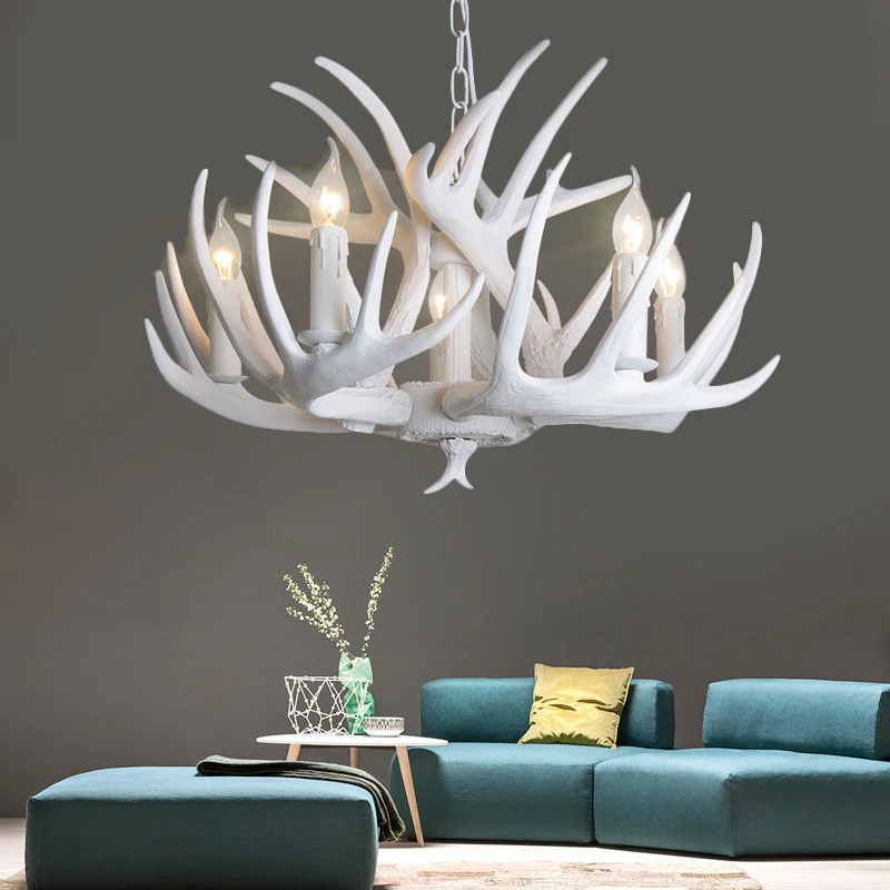 Witte kaars kroonluchter traditionele hars 3/4/5 lampen woonkamer hangende plafondlamp met gewei-ontwerp Clearhalo
