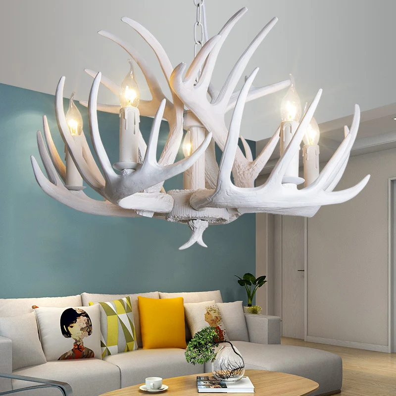 Witte kaars kroonluchter traditionele hars 3/4/5 lampen woonkamer hangende plafondlamp met gewei-ontwerp Clearhalo