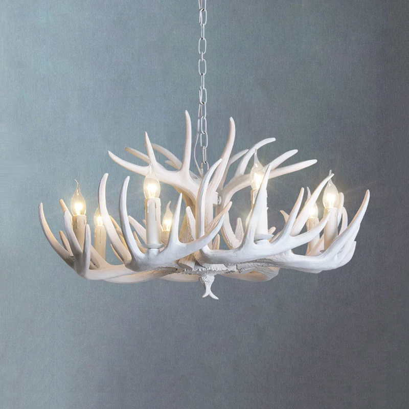 Witte kaars kroonluchter traditionele hars 3/4/5 lampen woonkamer hangende plafondlamp met gewei-ontwerp Clearhalo