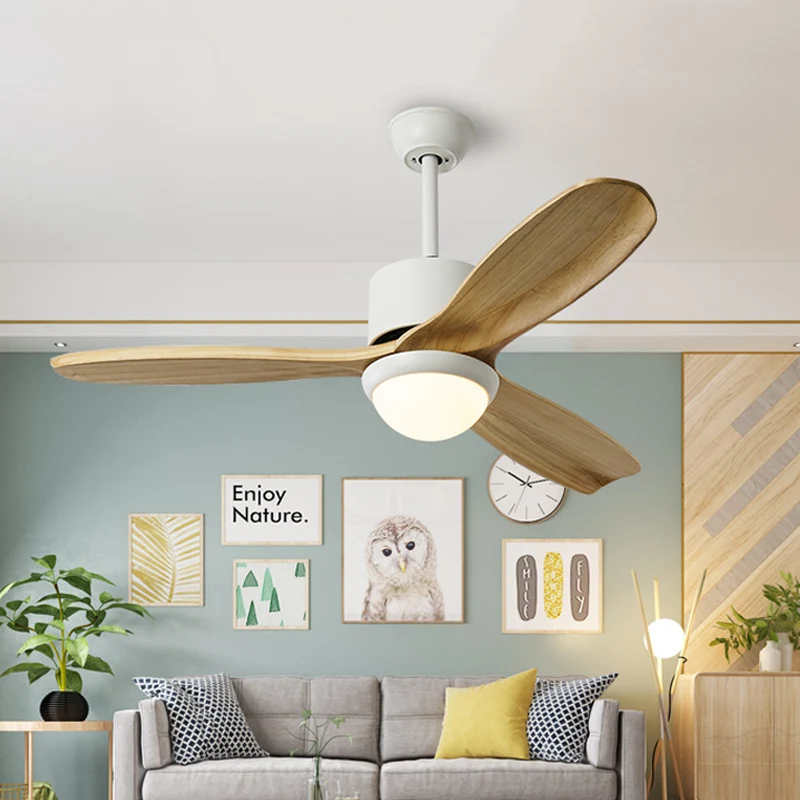 Witte kom hangende ventilator verlichting minimalisme houten LED woonkamer semi-inbouw met 3 houten bladen, 52" breed Clea...