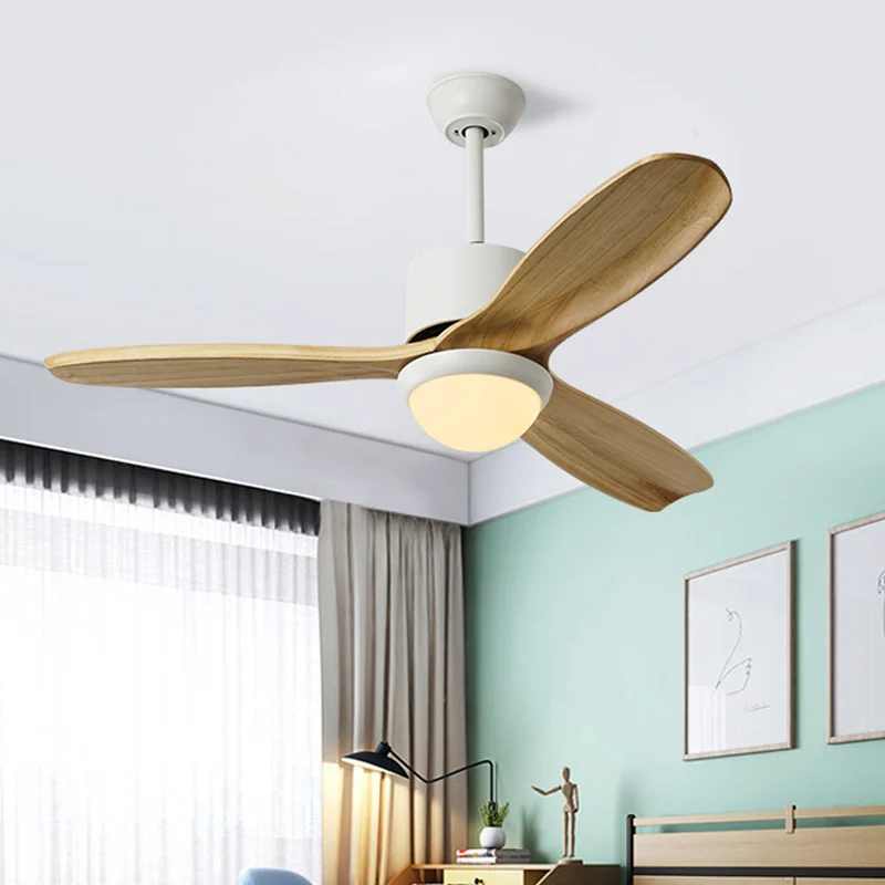 Witte kom hangende ventilator verlichting minimalisme houten LED woonkamer semi-inbouw met 3 houten bladen, 52" breed Clea...