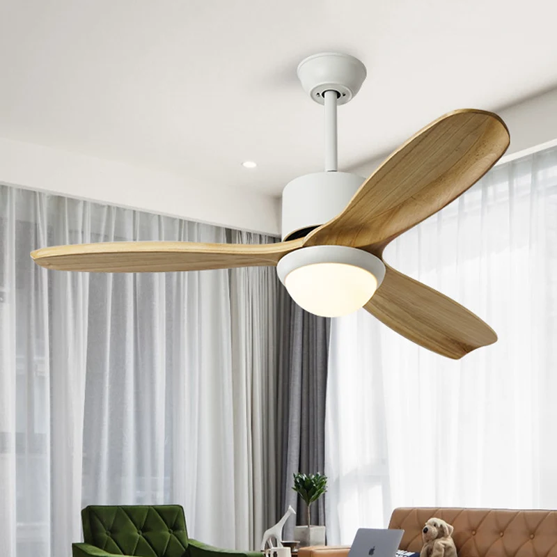 Witte kom hangende ventilator verlichting minimalisme houten LED woonkamer semi-inbouw met 3 houten bladen, 52" breed Clea...