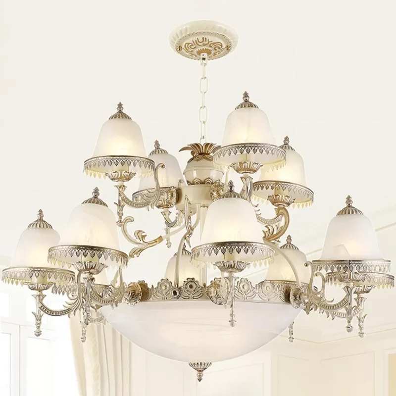 Witte kroonluchter van mat glas, gelaagde klokvormige hanglamp met 15 lampen landelijke stijl Clearhalo
