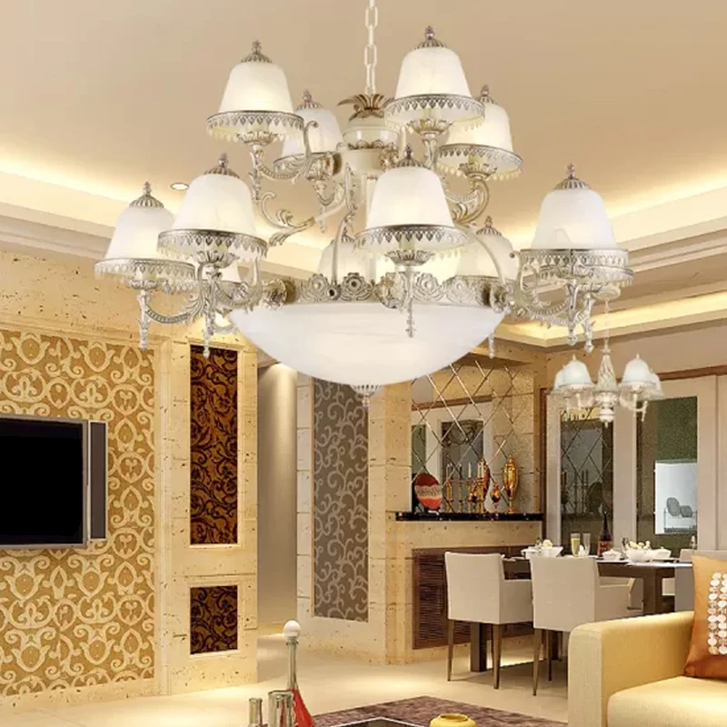 Witte kroonluchter van mat glas, gelaagde klokvormige hanglamp met 15 lampen landelijke stijl Clearhalo