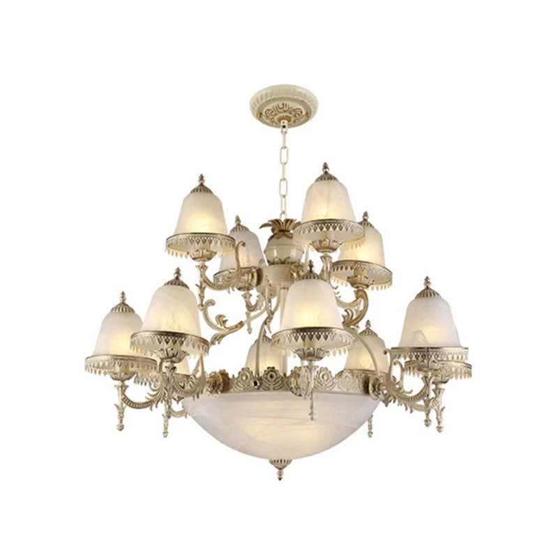 Witte kroonluchter van mat glas, gelaagde klokvormige hanglamp met 15 lampen landelijke stijl Clearhalo