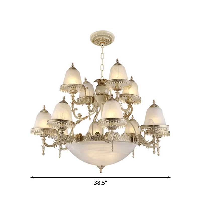 Witte kroonluchter van mat glas, gelaagde klokvormige hanglamp met 15 lampen landelijke stijl Clearhalo
