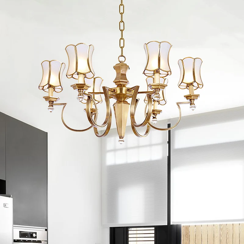 Witte 6 lampen hangende kroonluchter kolonialistische matglas brede flare plafondhanglamp voor woonkamer Clearhalo