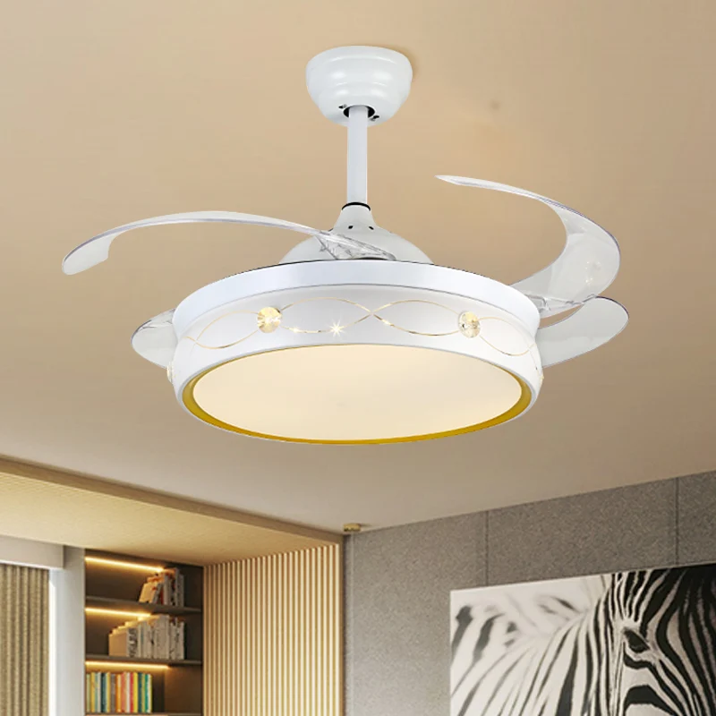 Witte LED ronde plafondventilatorlamp Eenvoud Metaal Semi-inbouw met kristallen deco met 4 bladen, 19" W Clearhalo