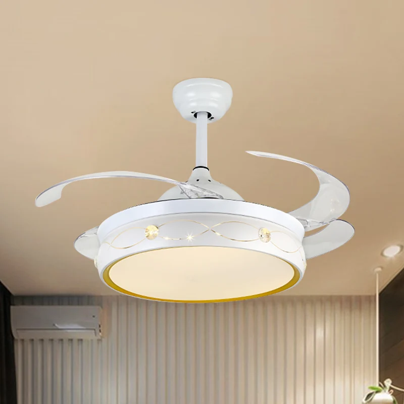 Witte LED ronde plafondventilatorlamp Eenvoud Metaal Semi-inbouw met kristallen deco met 4 bladen, 19" W Clearhalo