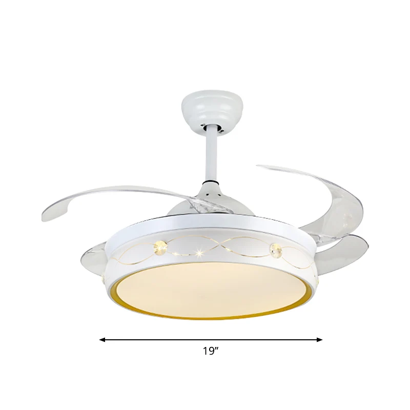 Witte LED ronde plafondventilatorlamp Eenvoud Metaal Semi-inbouw met kristallen deco met 4 bladen, 19" W Clearhalo
