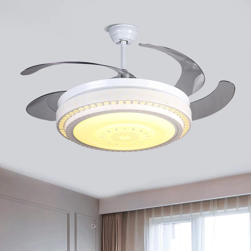 Witte LED-plafondventilator met 4 bladen, moderne gefacetteerde kristallen, cirkelvormig, semi-inbouw, 52 inch breed Clear...
