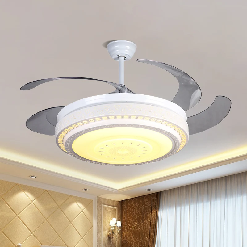 Witte LED-plafondventilator met 4 bladen, moderne gefacetteerde kristallen, cirkelvormig, semi-inbouw, 52 inch breed Clear...
