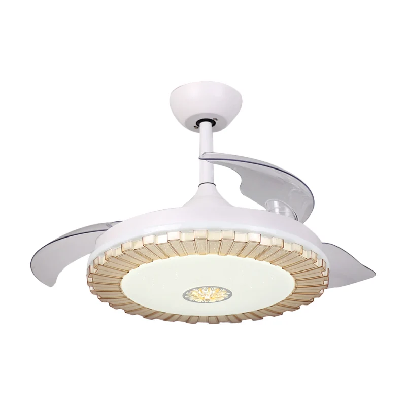 Witte ronde hangende ventilator, licht Scandinavische stijl, LED-acryl semi-flush kroonluchter met 3 heldere bladen, 42" W...