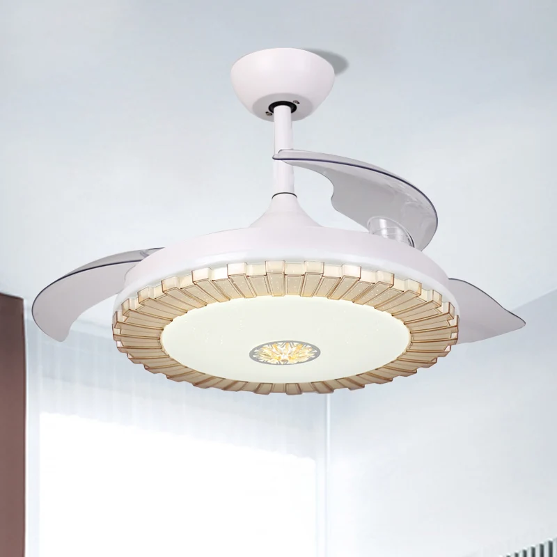 Witte ronde hangende ventilator, licht Scandinavische stijl, LED-acryl semi-flush kroonluchter met 3 heldere bladen, 42" W...