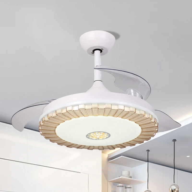 Witte ronde hangende ventilator, licht Scandinavische stijl, LED-acryl semi-flush kroonluchter met 3 heldere bladen, 42" W...