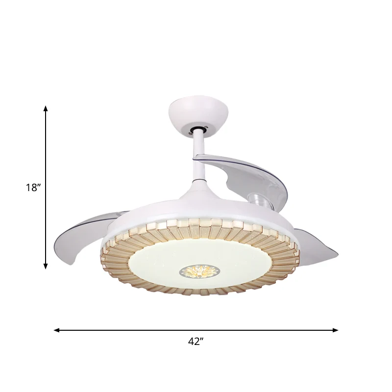 Witte ronde hangende ventilator, licht Scandinavische stijl, LED-acryl semi-flush kroonluchter met 3 heldere bladen, 42" W...