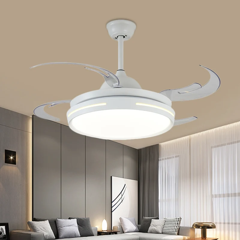 Witte ronde plafondventilator, modernistische acryl-LED, 42 inch brede woonkamer, semi-inbouwverlichting met 8 bladen Clea...