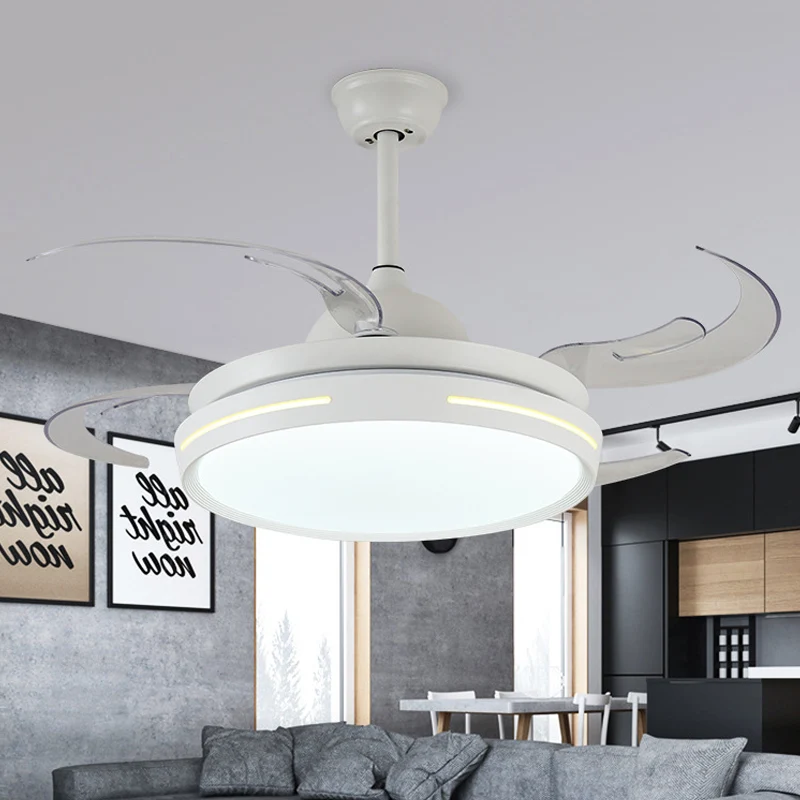 Witte ronde plafondventilator, modernistische acryl-LED, 42 inch brede woonkamer, semi-inbouwverlichting met 8 bladen Clea...