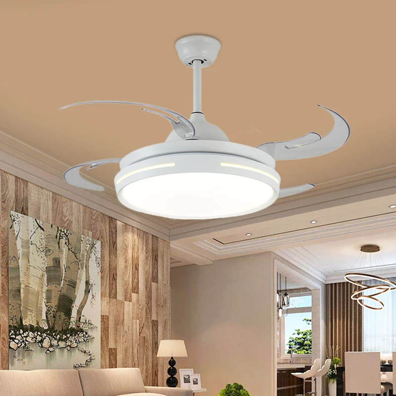 Witte ronde plafondventilator, modernistische acryl-LED, 42 inch brede woonkamer, semi-inbouwverlichting met 8 bladen Clea...