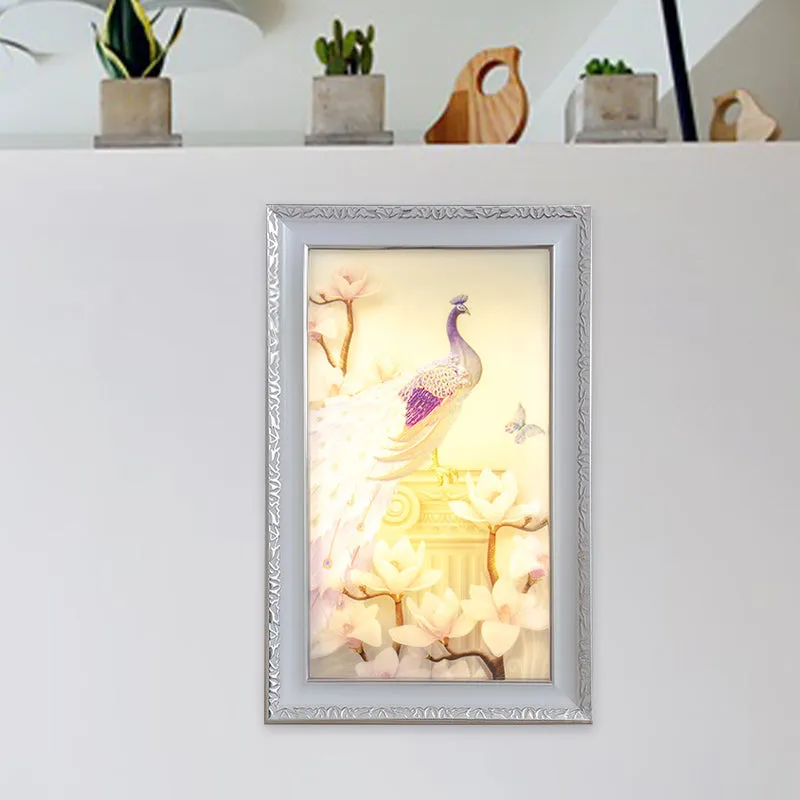 Witte en roze rechthoekige muurschildering, lichte LED-acryl-wandlamp oosterse stijl met pauw- en magnolia-ontwerp Clearhalo