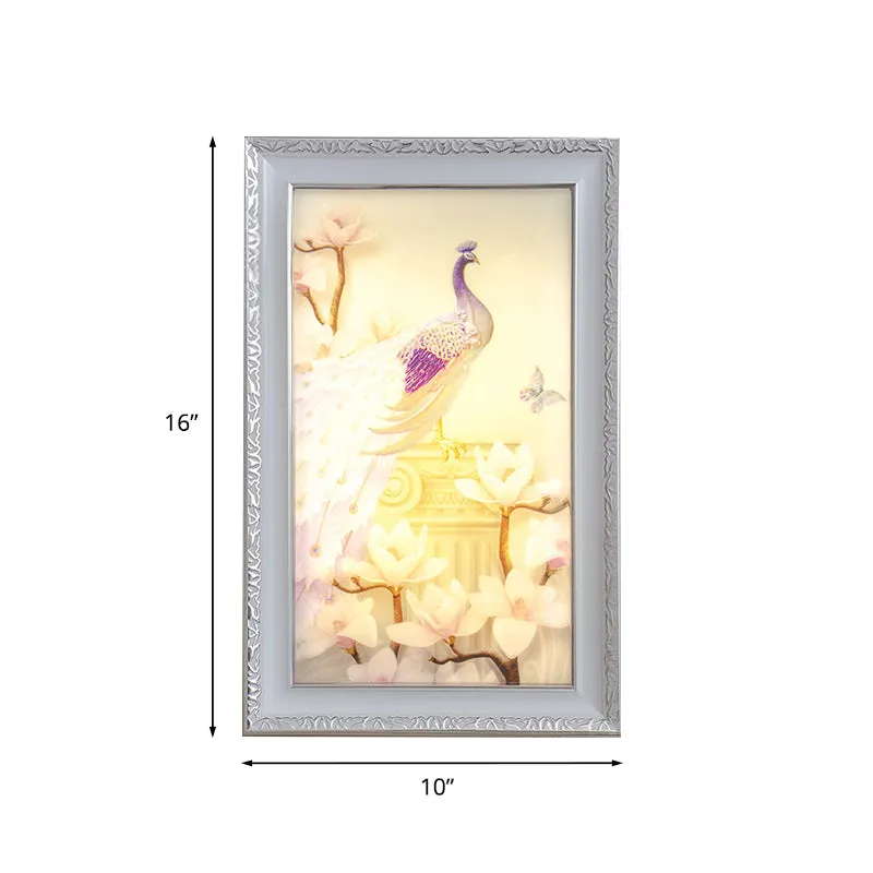 Witte en roze rechthoekige muurschildering, lichte LED-acryl-wandlamp oosterse stijl met pauw- en magnolia-ontwerp Clearhalo