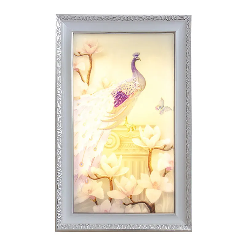 Witte en roze rechthoekige muurschildering, lichte LED-acryl-wandlamp oosterse stijl met pauw- en magnolia-ontwerp Clearhalo
