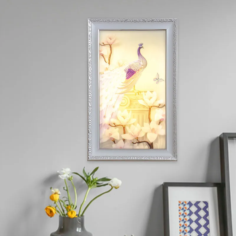 Witte en roze rechthoekige muurschildering, lichte LED-acryl-wandlamp oosterse stijl met pauw- en magnolia-ontwerp Clearhalo