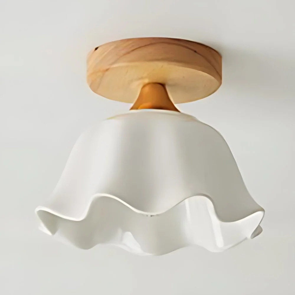 Witte schaduw kegel/geschulpte plafondmontagelamp met houten luifel Eén lichte moderne glazen plafondlamp voor foyer Clear...