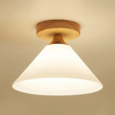 Witte schaduw kegel/geschulpte plafondmontagelamp met houten luifel Eén lichte moderne glazen plafondlamp voor foyer Clear...