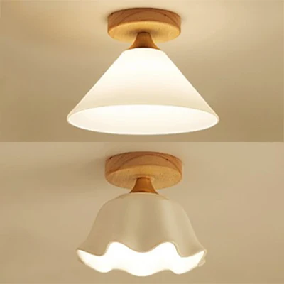 Witte schaduw kegel/geschulpte plafondmontagelamp met houten luifel Eén lichte moderne glazen plafondlamp voor foyer Clear...