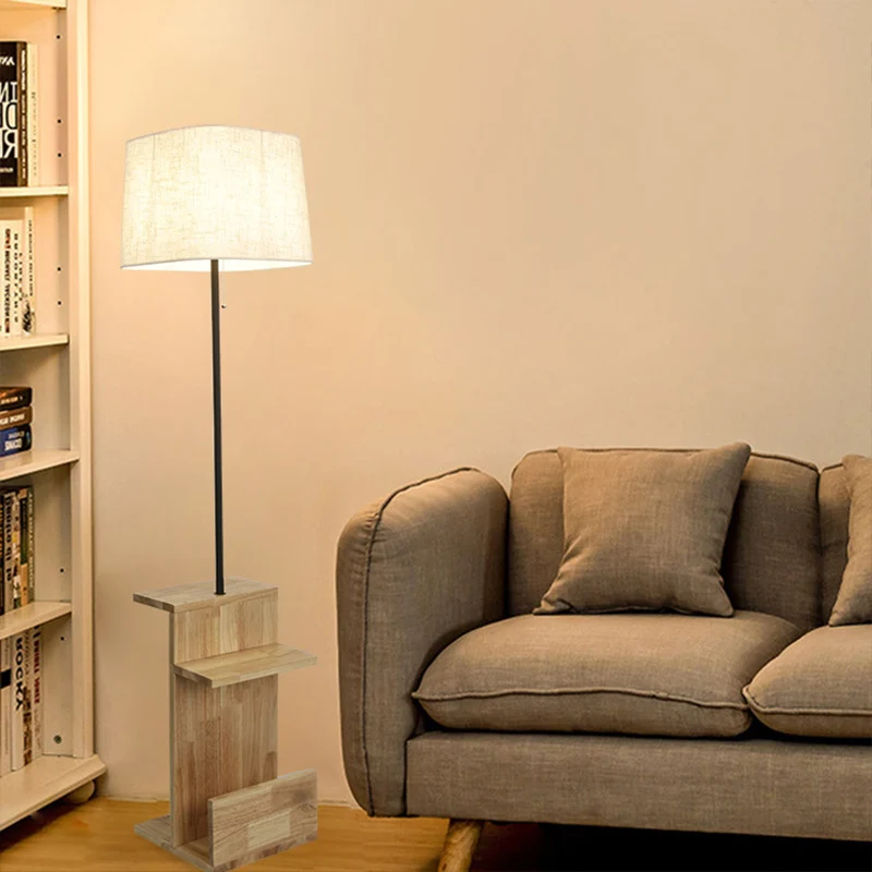 Witte stoffen rechthoekige standaard bureaulamp Moderne 1-lamp houten vloerlamp voor woonkamer Clearhalo