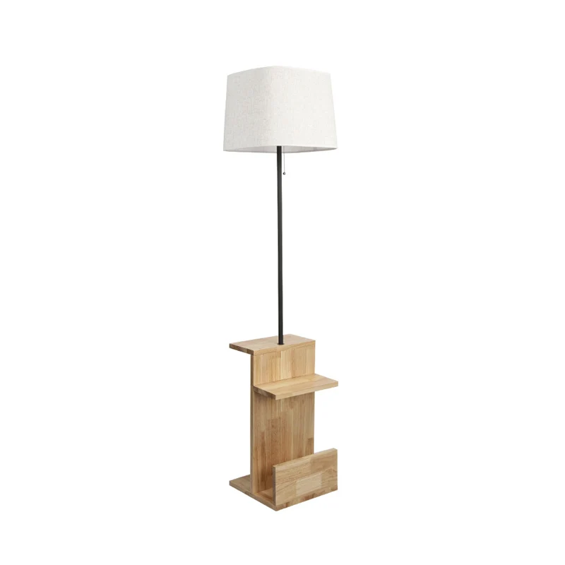 Witte stoffen rechthoekige standaard bureaulamp Moderne 1-lamp houten vloerlamp voor woonkamer Clearhalo