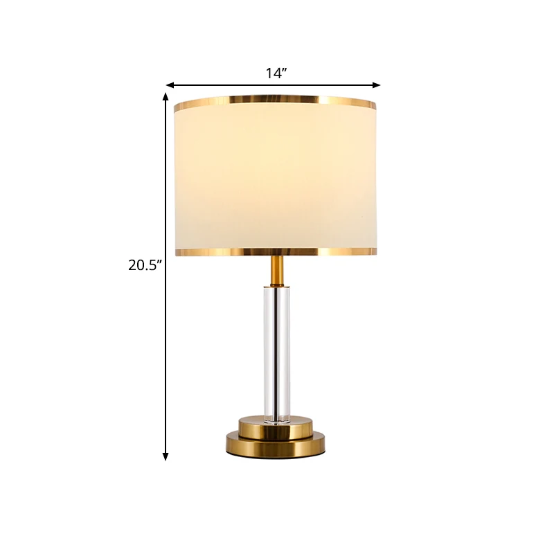 Witte tafellamp met 1 lamp, traditionele stoffen kap, ronde nachtlamp met heldere kristallen lantaarnpaal Clearhalo