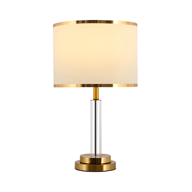 Witte tafellamp met 1 lamp, traditionele stoffen kap, ronde nachtlamp met heldere kristallen lantaarnpaal Clearhalo