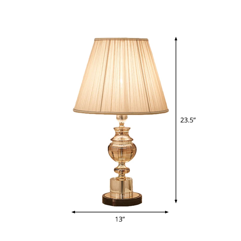 Witte tafellamp van geplooide stof, conisch, 1 lamp, modern nachtkastje met kristallen voet Clearhalo