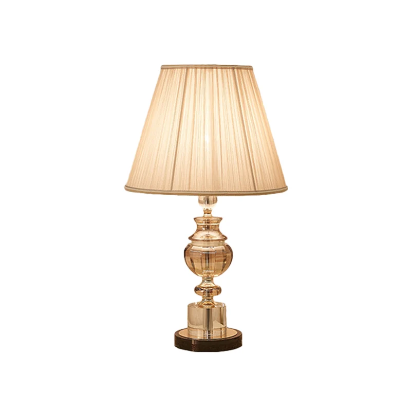 Witte tafellamp van geplooide stof, conisch, 1 lamp, modern nachtkastje met kristallen voet Clearhalo