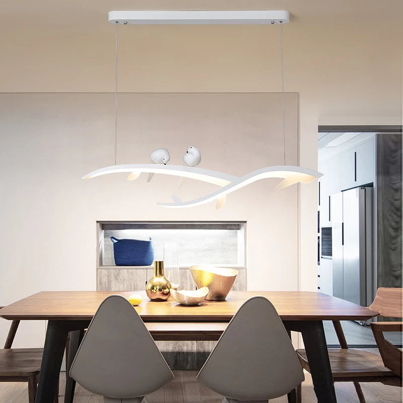 Witte Tak LED Eilandlamp Moderne 27"/37,5" Brede Acryl Plafondhanger Warm/Wit Licht met Vogels Clearhalo
