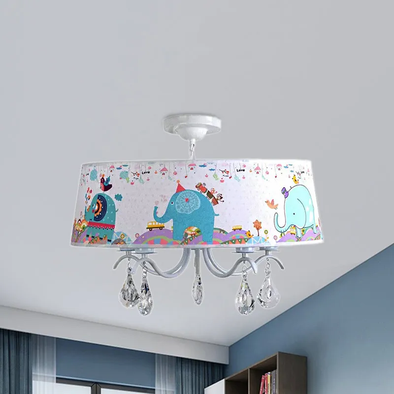 Witte trommel-hanglamp met olifantskristal 5-lichts metalen dierenkroonluchter voor kinderslaapkamer Clearhalo